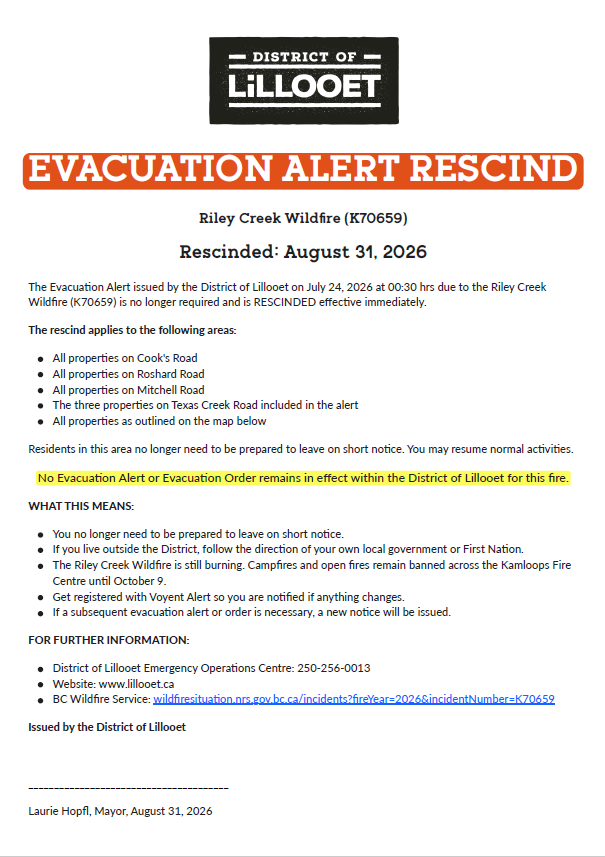 Evacuation Alert Rescinded - August 31, 2026 - Cook's Road, Roshard Road, Mitchell Road &amp; 3 homes on Texas Creek rd.