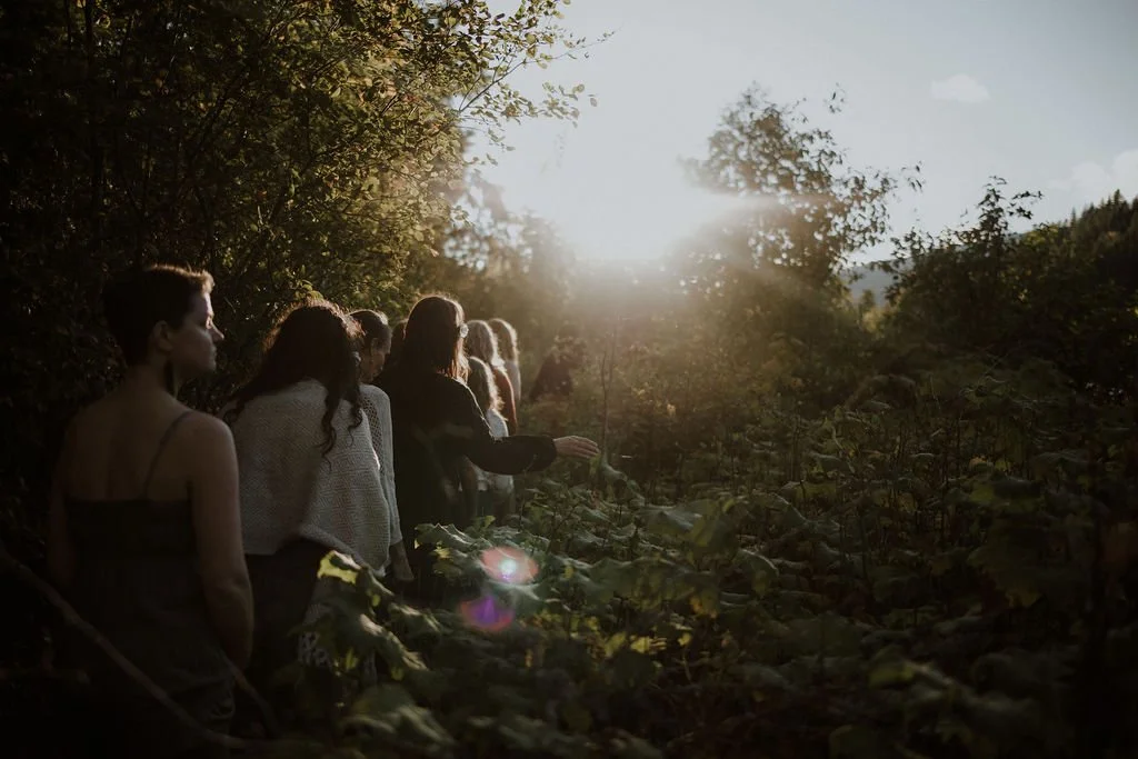 Group of people standing in a line on a forest trail during sunset or sunrise, surrounded by trees and foliage, with sunlight shining through the trees.