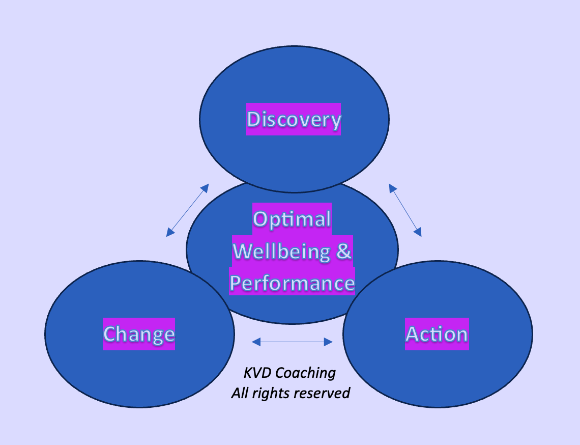 A diagram showing interconnected circles labeled "Discovery," "Change," "Action," and "Optimal Wellbeing & Performance," with arrows indicating relationships among them, centered around "Optimal Wellbeing & Performance"