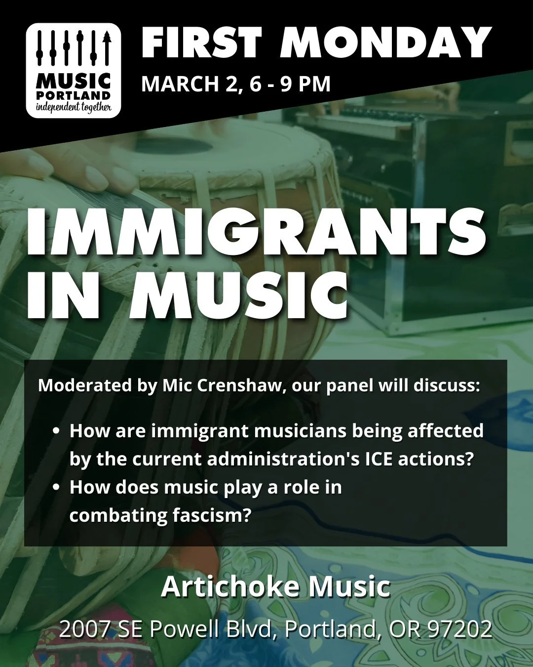 Join us for the March First Monday Meetup!

For this upcoming meetup Mic Crenshaw is moderating an important conversation on Immigrants in Music.

We'll be discussing: How are immigrant musicians being affected by the current administration&rsquo;s I