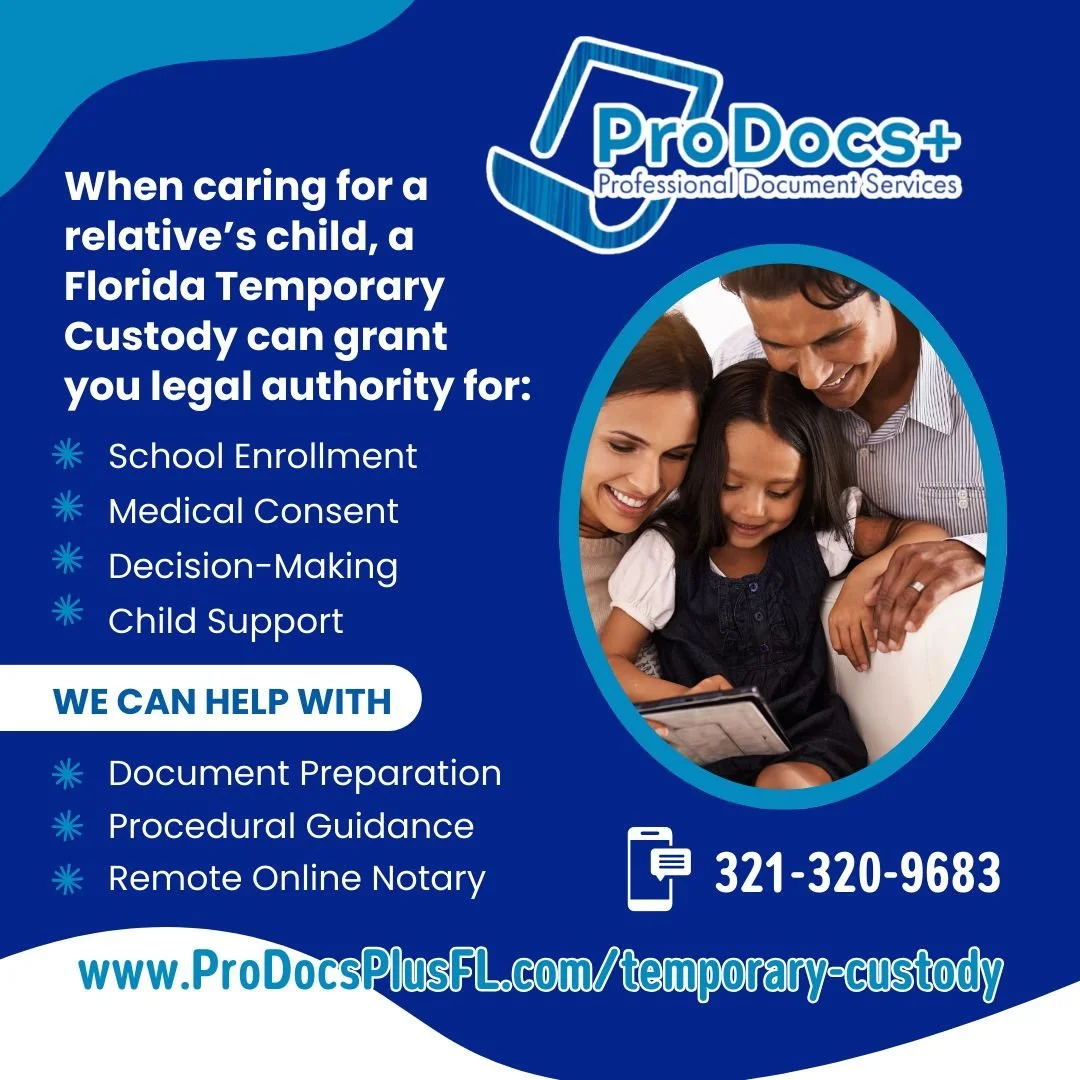 The right documents give you peace of mind. ๐
If you're caring for a relative's child in Florida, you need the right documents to handle everyday necessities—from school sign-ups to unexpected trips to the ER.
ProDocs+ provides compassionate,
