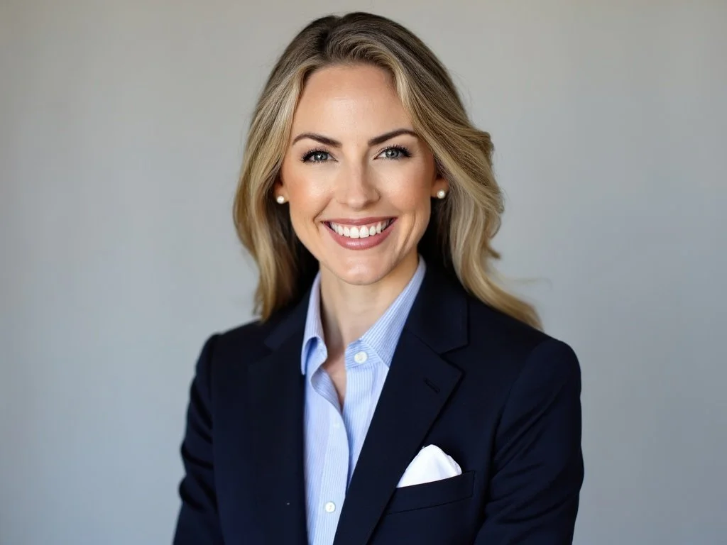 A woman with blonde hair in a professional dark blazer and blue collared shirt, smiling against a plain neutral background.