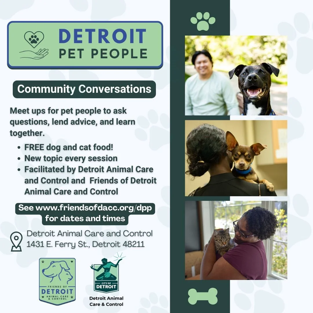Photos of people with their pets along with the information for Detroit Pet People aqt DACC