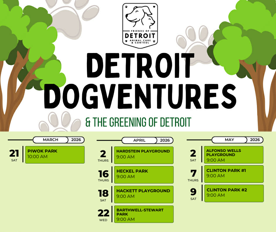 Trees and pawprints with the schedule for Greening of Detroit Dogventures