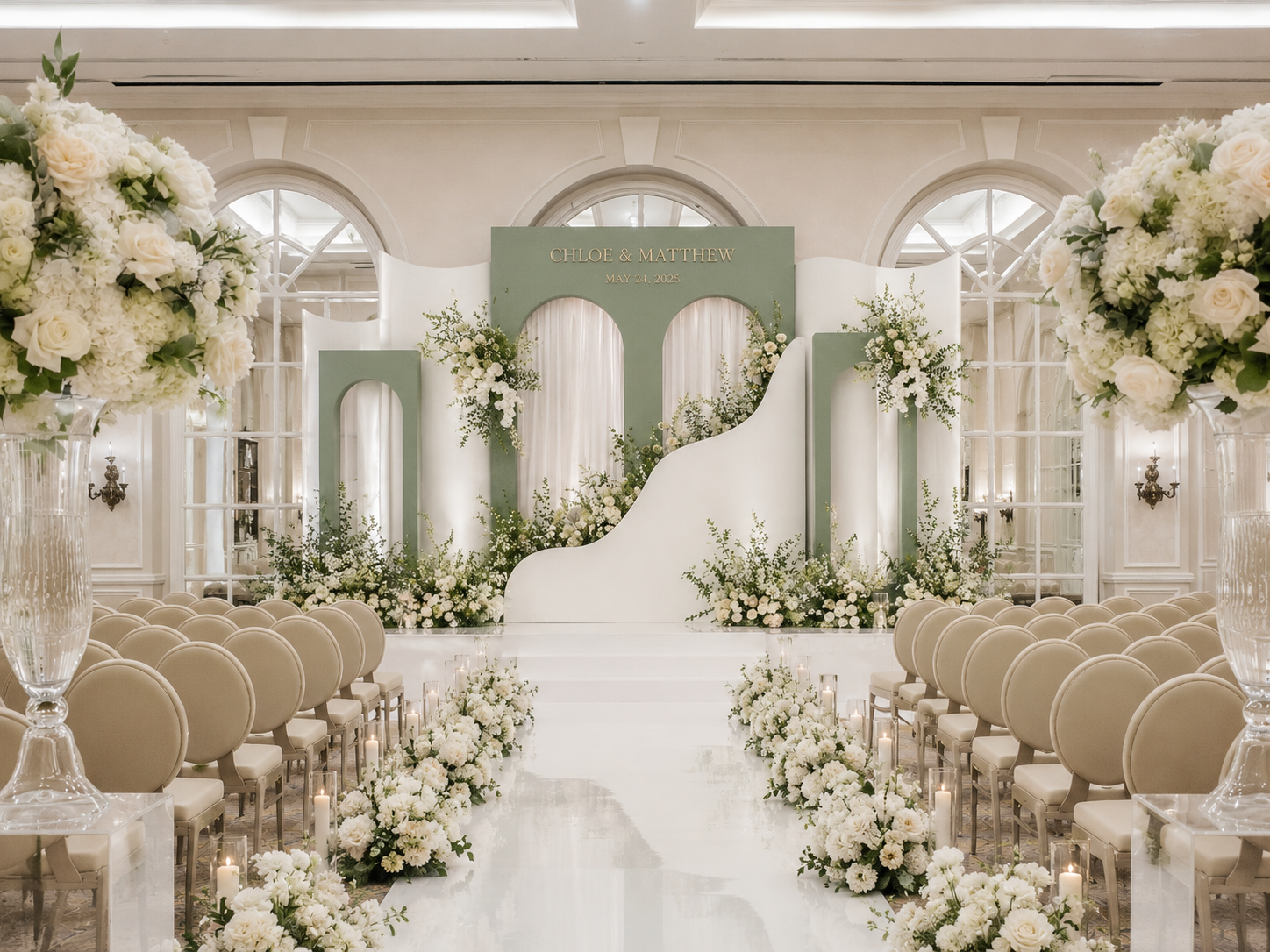 Elegant wedding ceremony setup in a ballroom with white floral arrangements, candles, and a decorated stage in the background with a green arch with the names 'Chloe & Matthew' and the date 'May 24, 2025'