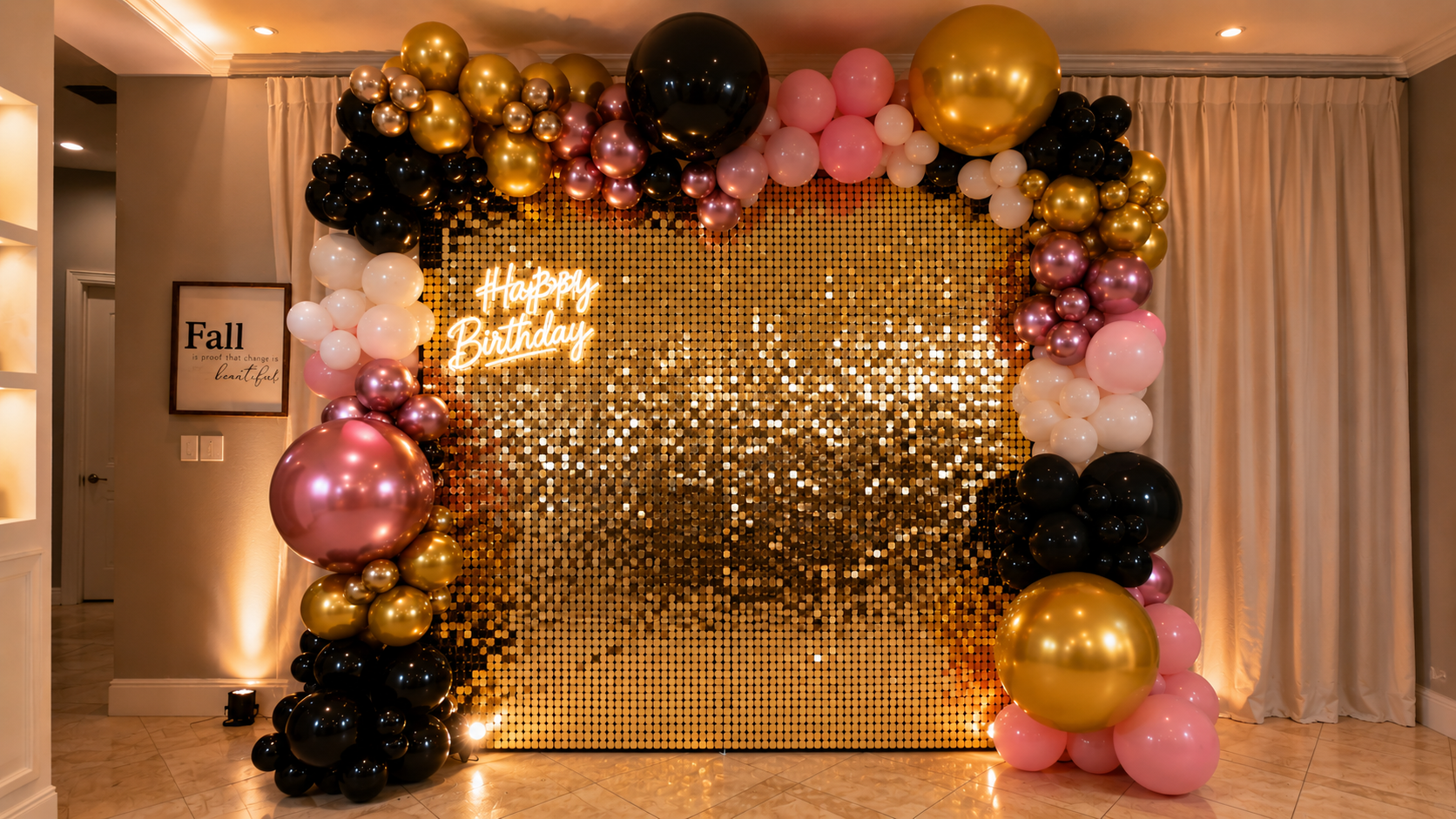 Luxury gold shimmer wall backdrop with black, gold, blush pink, rose gold, and white organic balloon garland for an elegant birthday celebration in Dallas, Texas.