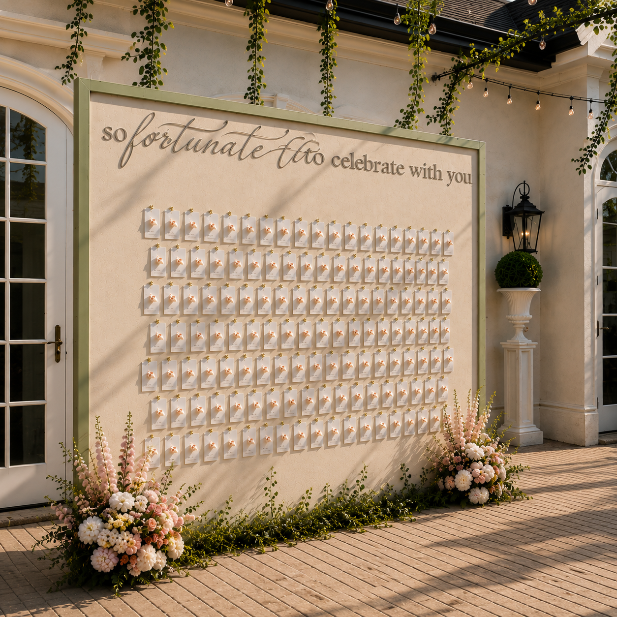 A large beige board with the message 'so fortunate to celebrate with you' at the top, decorated with numerous small white cards with pink ribbons and gold stars. The board is flanked by floral arrangements with pink and white flowers at the bottom and greenery on top. It is outdoors, next to a white building with arched windows, a decorative lamp, and hanging string lights among green vines.