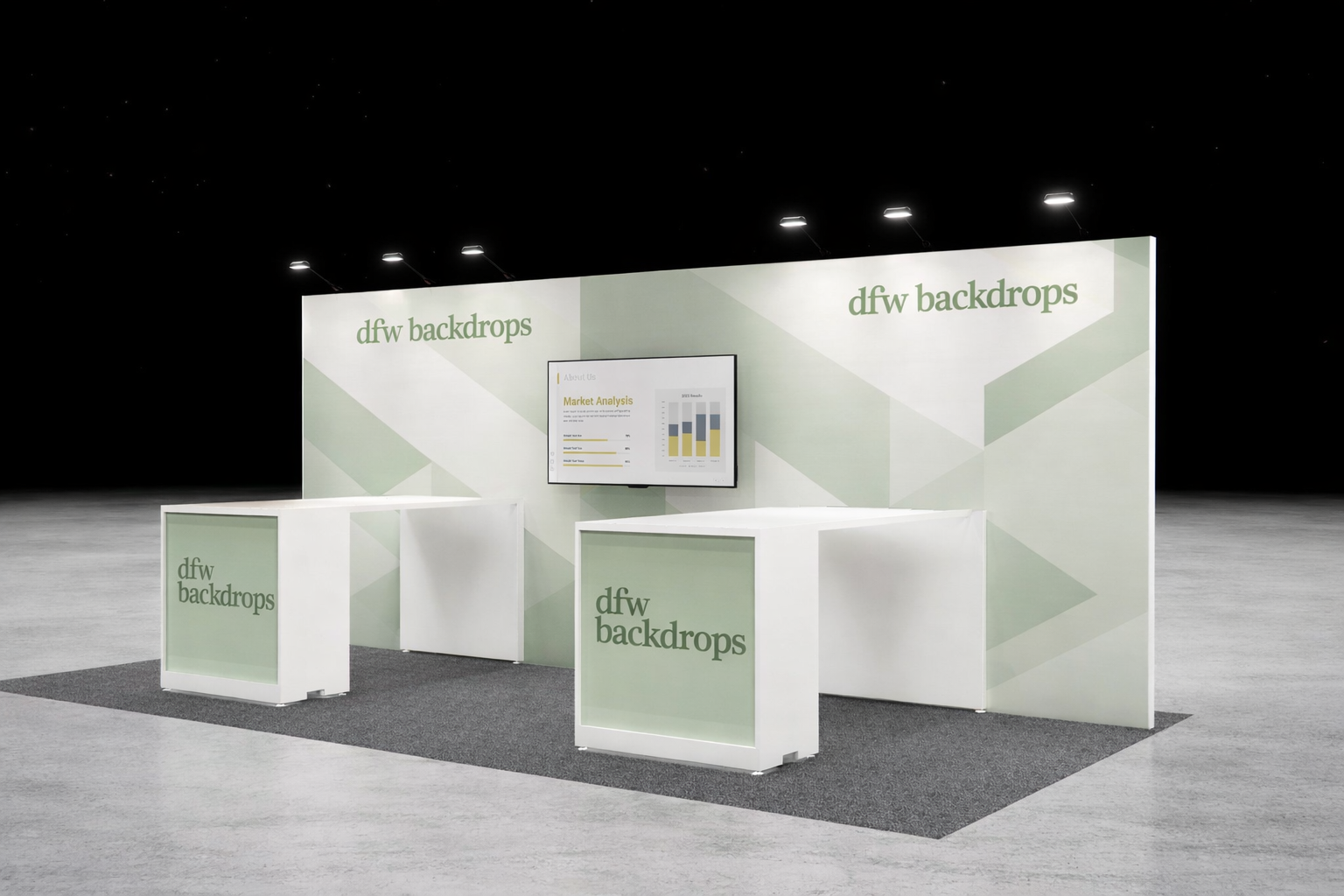 Trade show booth with 'dfw backdrops' branding, including a large backdrop, two front counters, and a monitor displaying a bar chart and market analysis.