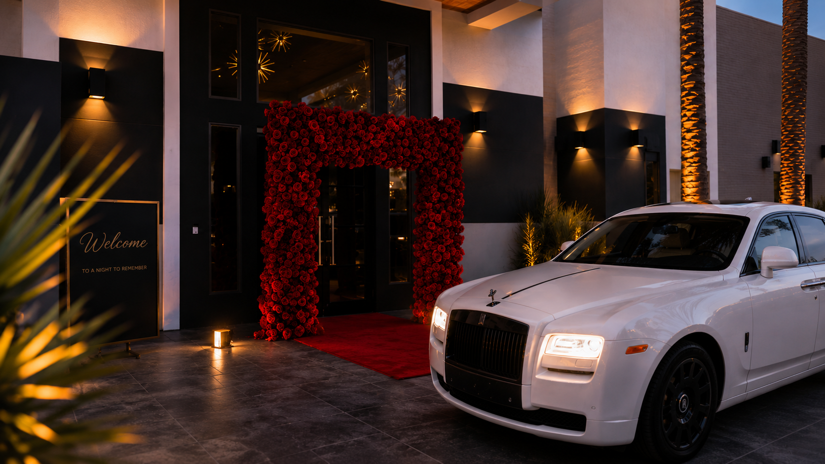 A luxury entrance decorated with a red rose arch, with a white Rolls-Royce parked outside, illuminated by warm lighting at dusk.