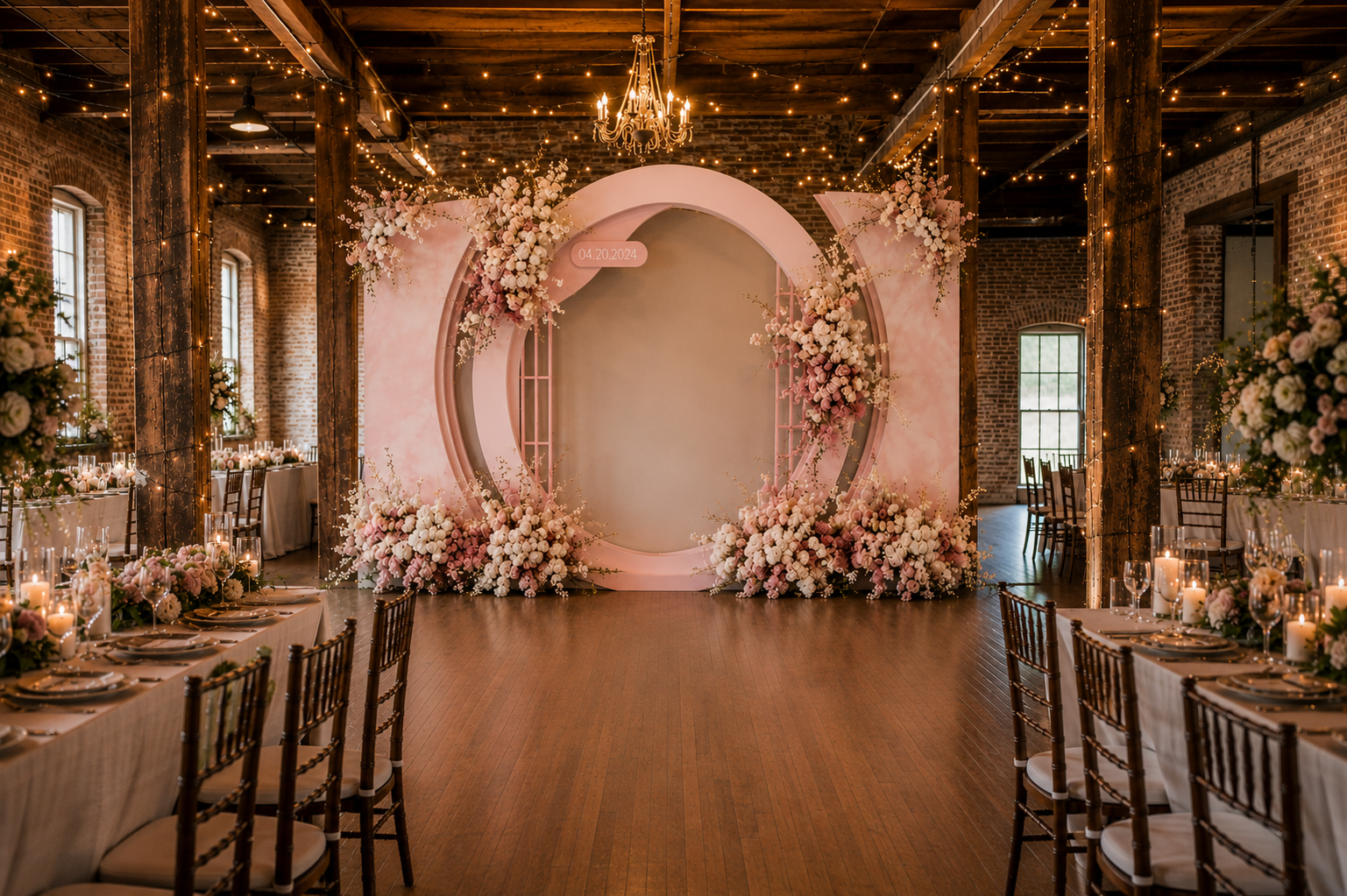 Luxury blush floral wedding backdrop with custom circular arch and romantic floral installations inside a historic venue.