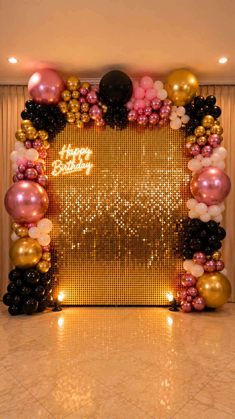 Decorative birthday backdrop with pink, gold, black, and white balloons surrounding a gold sequin wall and a neon sign that reads "Happy Birthday."