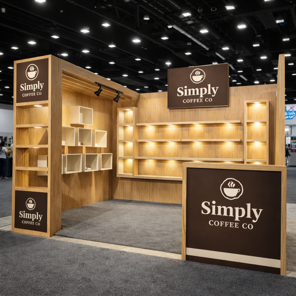 Trade show booth for Simply Coffee Co with wooden shelves, illuminated display spots, and branding signs in black and white at an indoor exhibition.