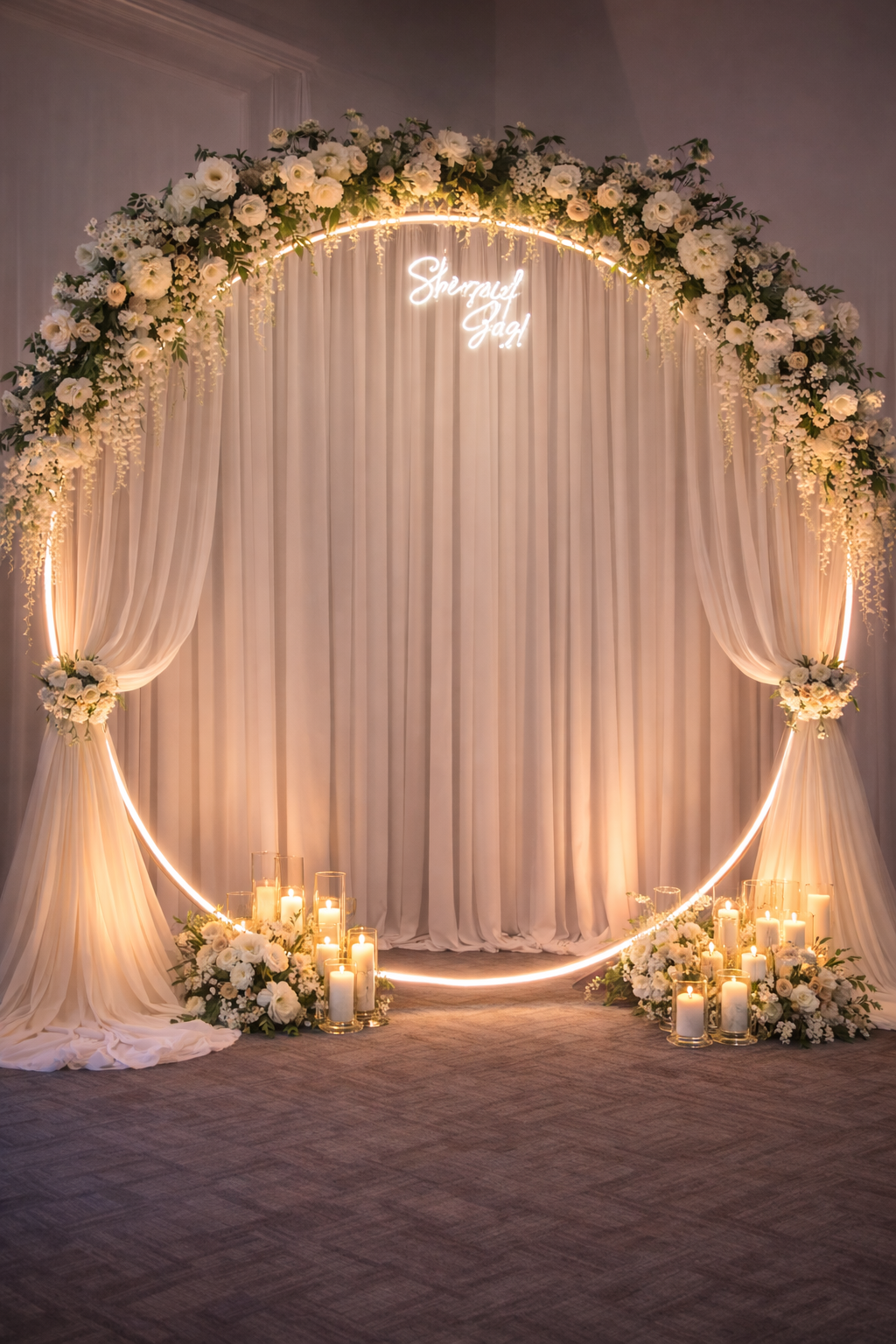 Decorative wedding backdrop with a floral arch, white drapery, a mirror, and a neon sign that says "She said Yes!".