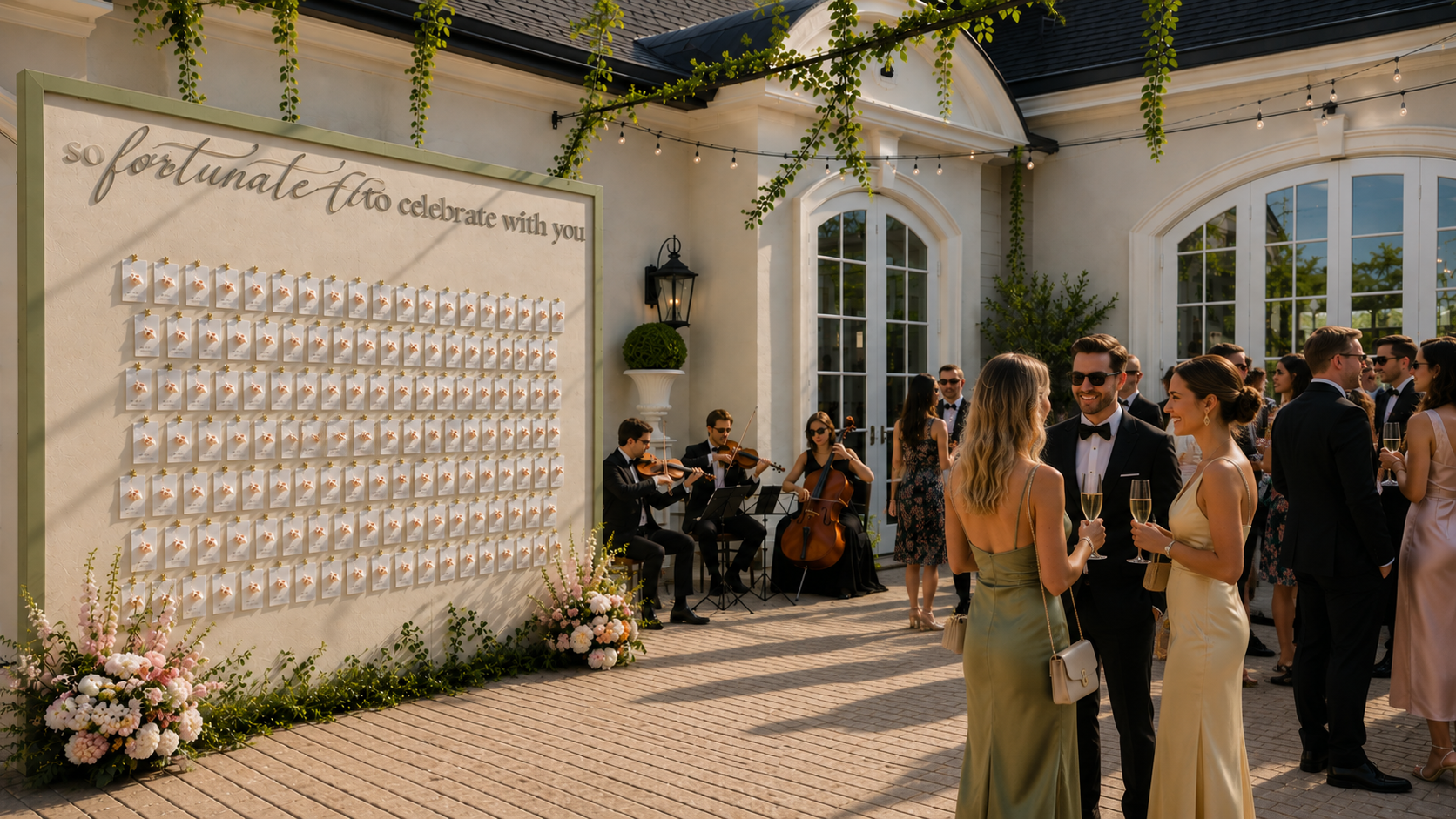 Elegant wedding seating chart display featuring a custom sage green framed escort card wall with blush floral arrangements in an outdoor luxury venue courtyard.