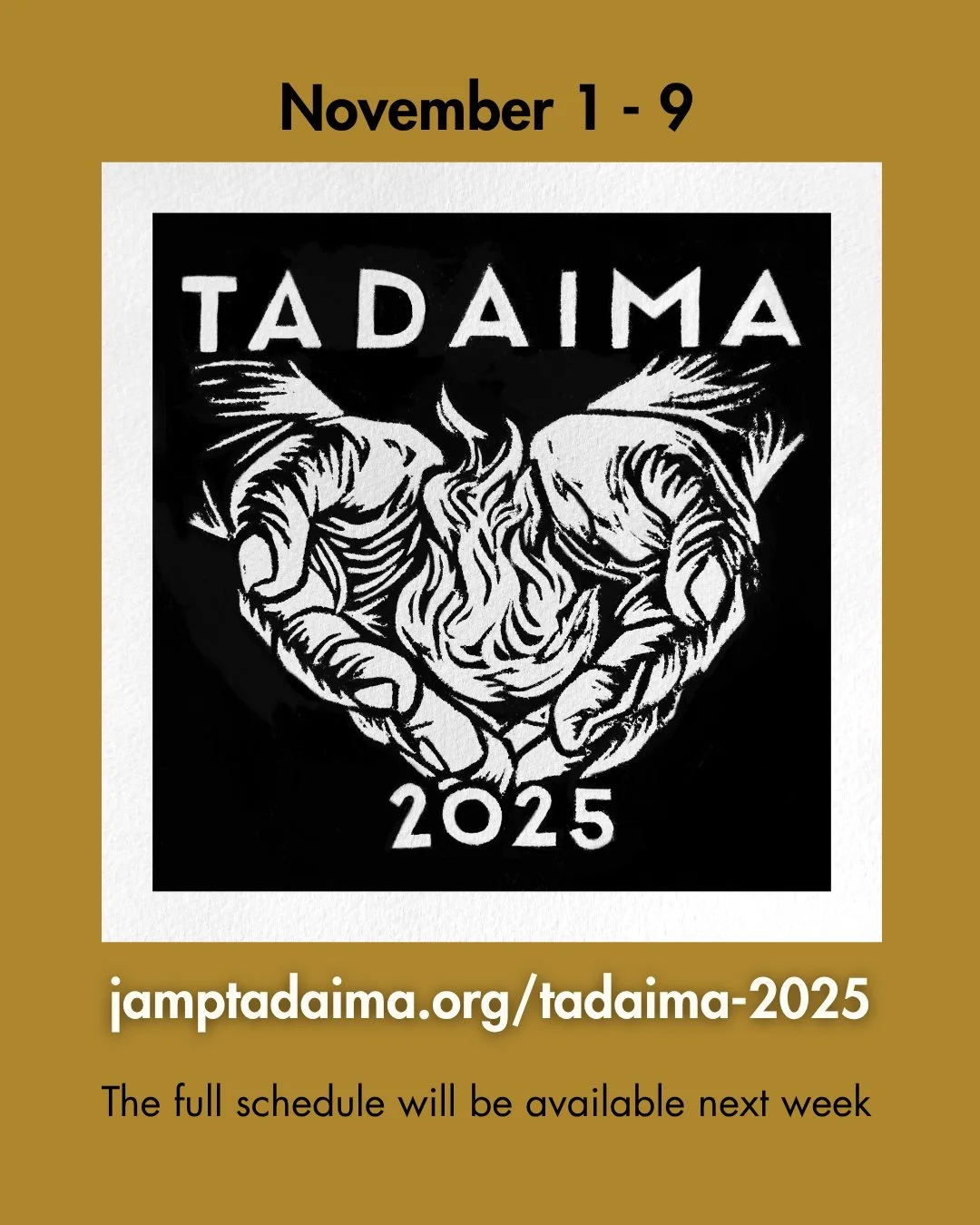 Don't forget that this year's #Tadaima begins on November 1! The full schedule will be out next week, but here is a taste of the speakers and programming we have in store for you!
We are running this year's program independently without external fun