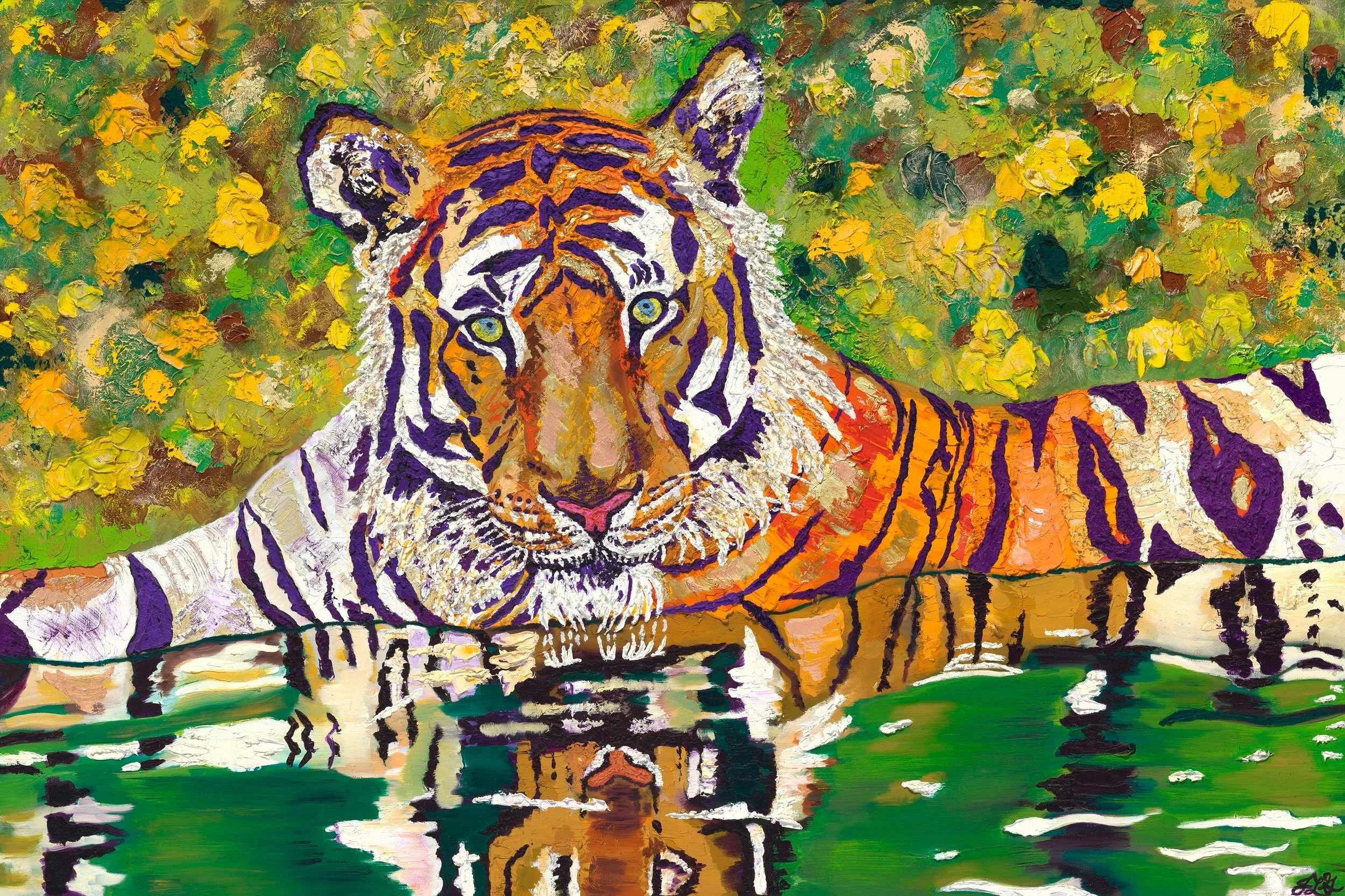 Young Tiger in Water Hole, oil on canvas, 48 x 72 x 1.5 Inches