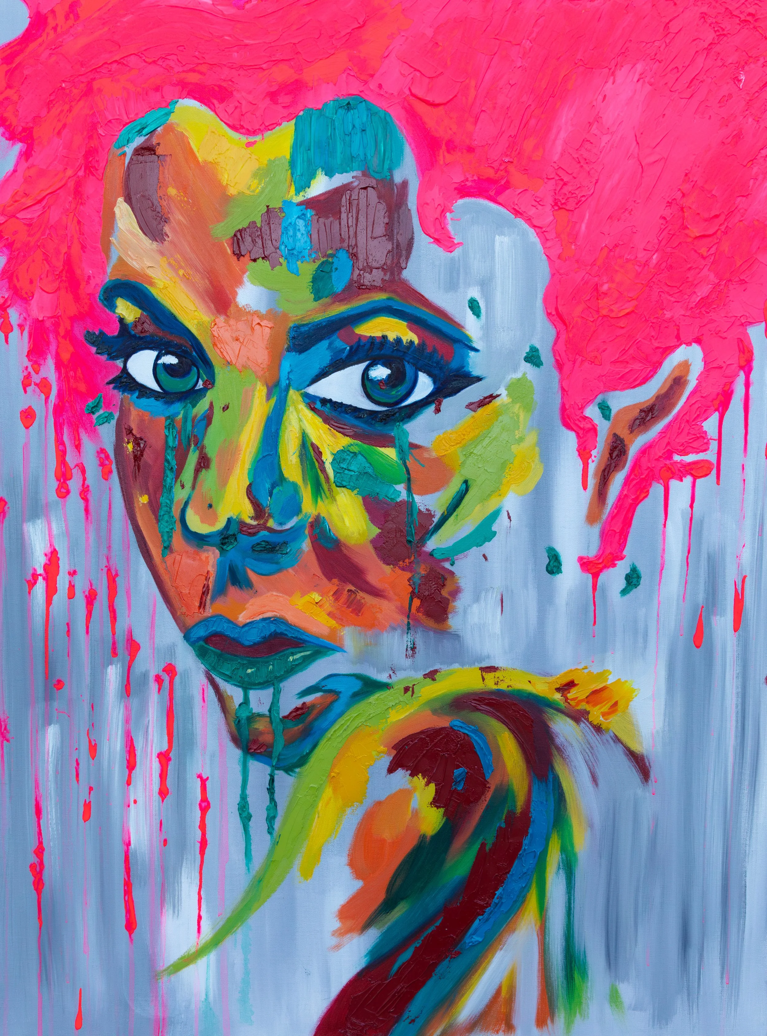 Pink Hair Lady, oil on canvas, 40 x 30 x 1.5 Inches (Online Inspiration)