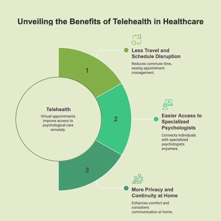 Infographic showing how telehealth improves access to psychological services through convenience, specialist access, and privacy.