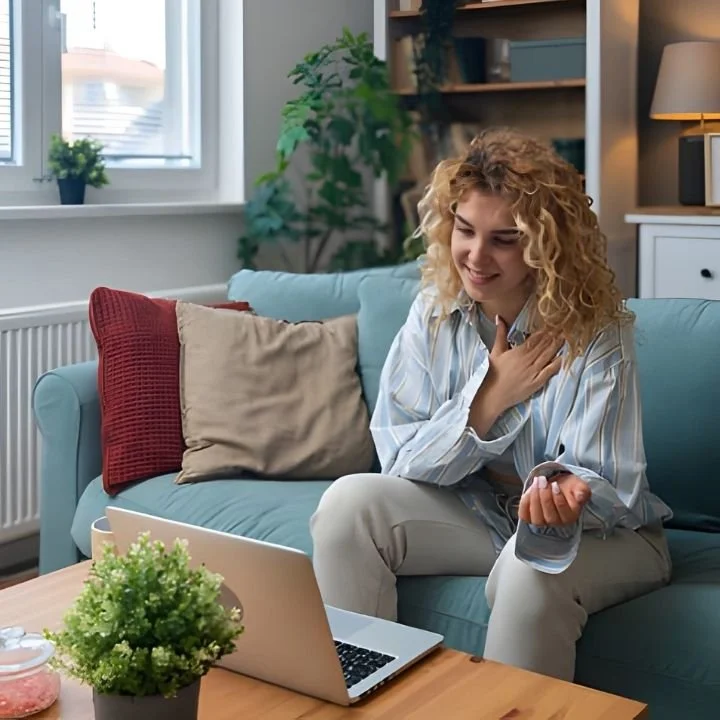 Woman with hand in her chest and smiling gently while speaking in an online therapy session at home.