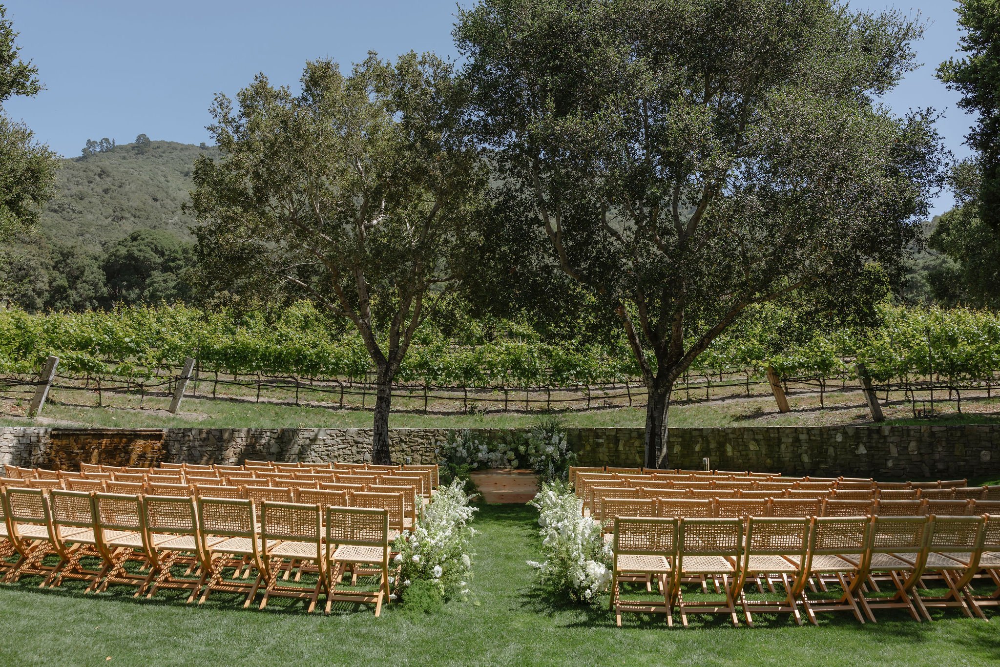 Outdoor wedding ceremony with wooden chairs, white floral arrangements, vineyard, stone wall, and California hillside backdrop.