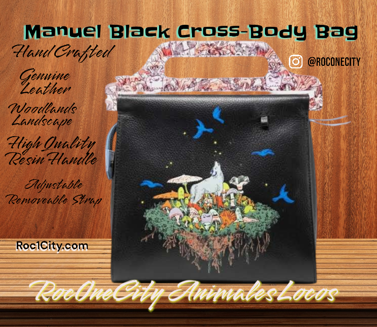 A black leather cross-body bag with a landscape illustration of woodland animals, mushrooms, and birds, with text advertising the bag's handcrafted, high-quality resin handle, and a background with wooden surface and promotional details.