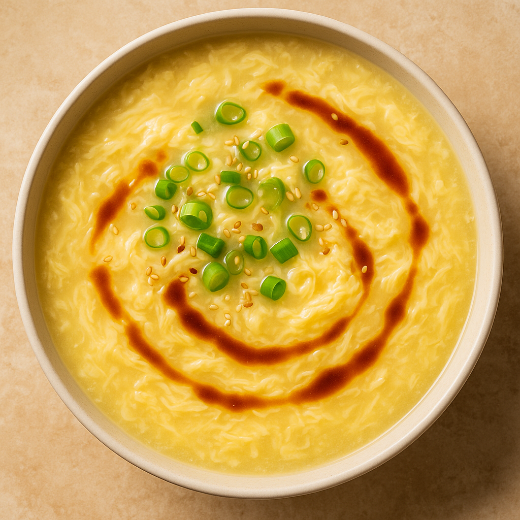 Recipe: chicken egg-drop corn soup w/ sesame drizzle