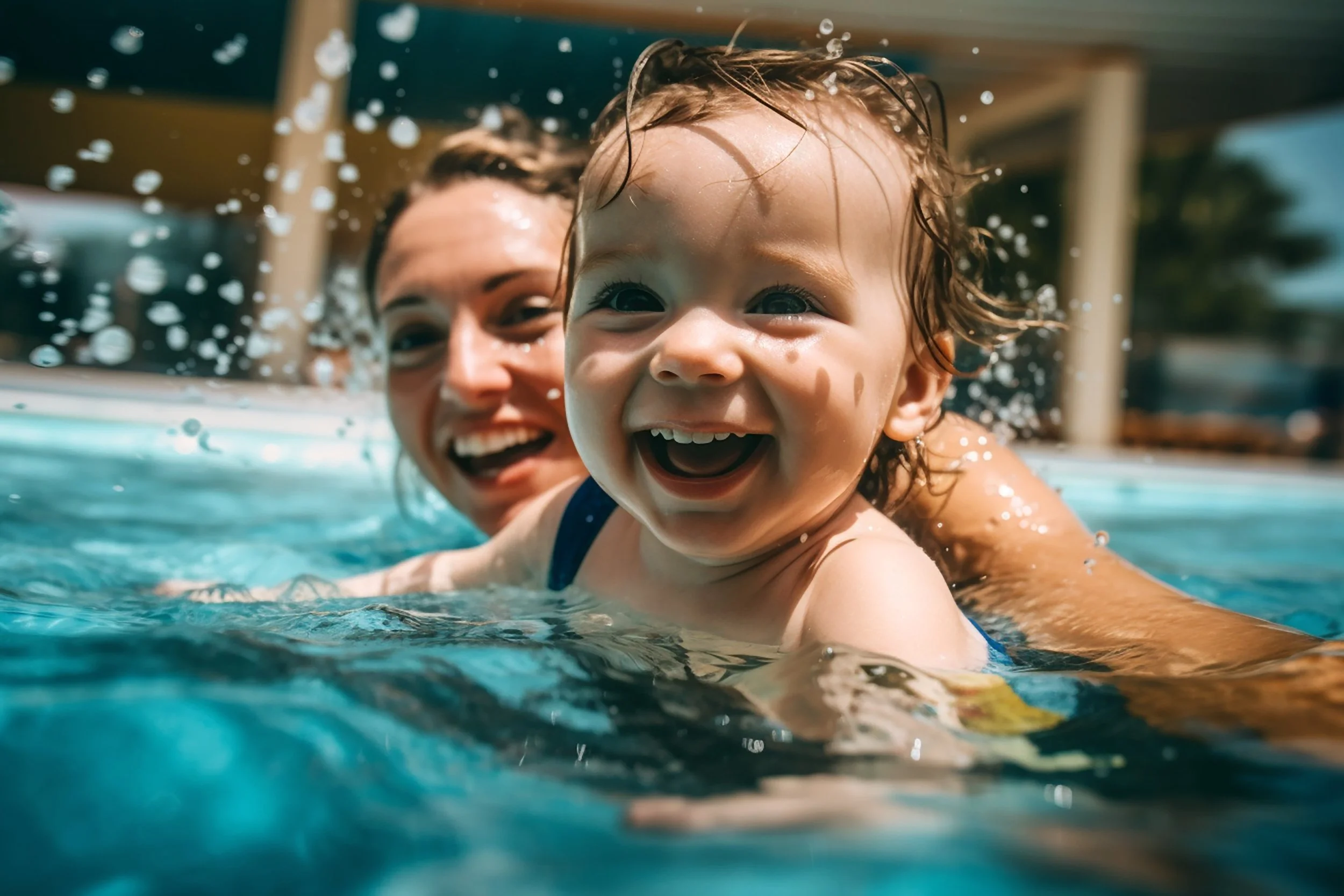 woman and son swimming in pool