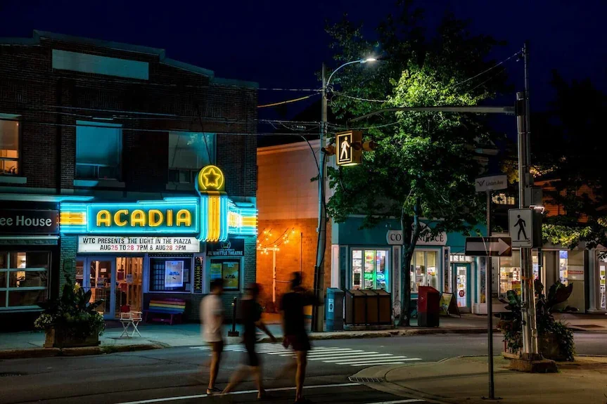 Wolfville main street at night time in the summer