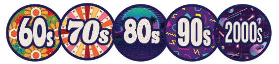 Five circles each with the name and flourish design for the decades of the 60's through to the 2000's