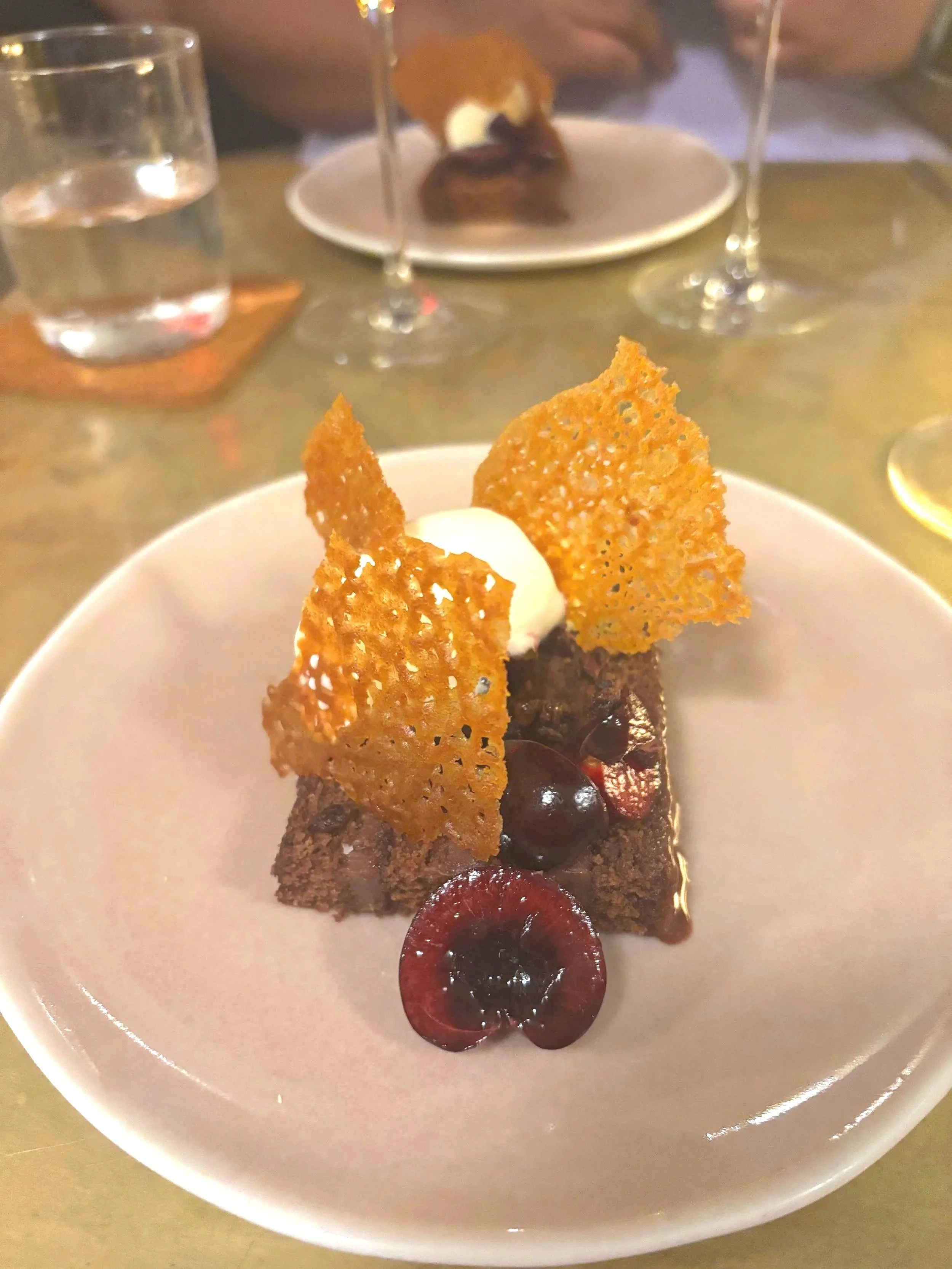 Milk Chocolate Honey Cake with Fior di Latte Gelato and Fresh Cherries