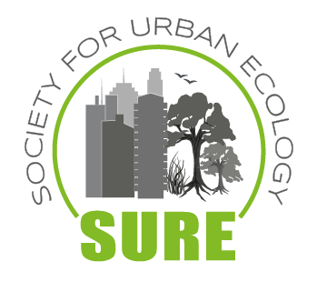 Logo with city skyline, trees, and birds, surrounded by the text 'Society for Urban Ecology' and 'SURE' in green.