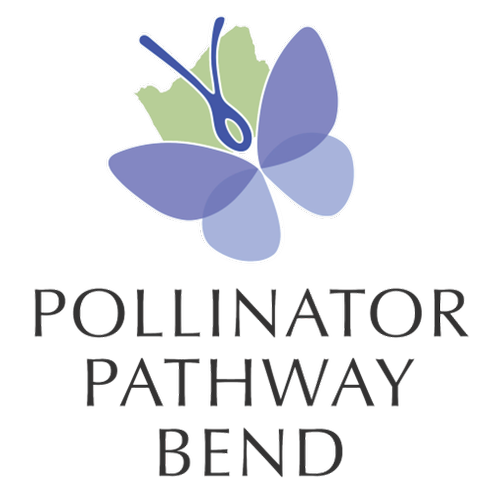 A logo featuring a stylized butterfly with blue and green wings, accompanied by a pair of scissors, and the text 'Pollinator Pathway Bend' below.