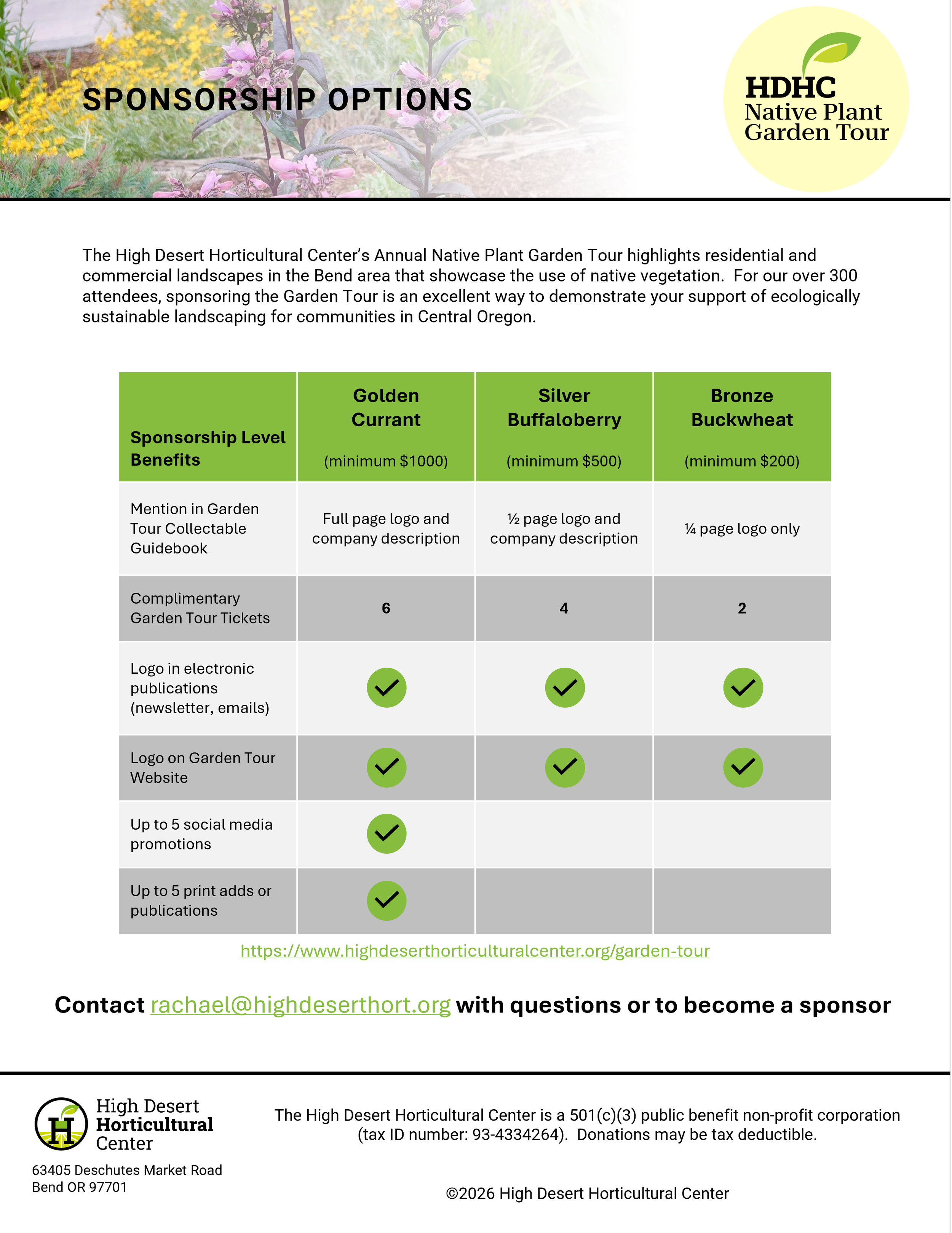 Information about sponsorship levels for the High Desert Horticultural Center's Native Plant Garden Tour, including benefits for Golden Currant, Silver Buffaloberry, and Bronze Buckwheat sponsorship options, and the center's contact email and address.