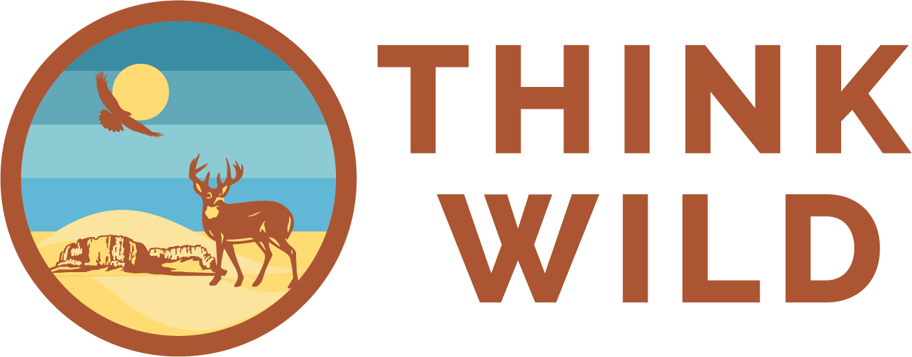 A circular logo featuring a desert landscape with a large deer, a flying bird, a bright yellow sun, and rocks, accompanied by the text "I THINK WILD" in bold brown letters.