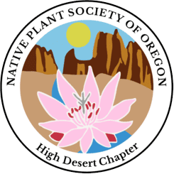 NATIVE PLANT SOCIETY OF OREGON High Desert Chapter logo featuring mountains, a yellow sun, and a pink flower.
