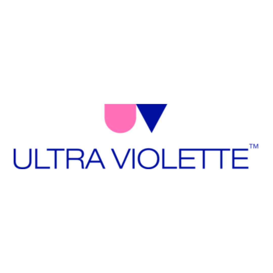 Logo for Ultra Violette featuring a pink half-circle and a navy blue triangle above the brand name in blue text.