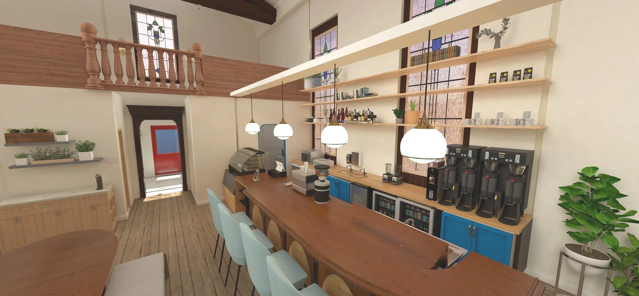 Interior rendering of Lille Bønne lounge area with a bar, seating area, and decorative windows with stained glass.