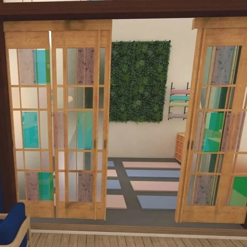 Rendering of updated Lille Bønne interior with wooden flooring, chess table, upholstered seating, a window with stained glass, and plant wall in yoga studio.
