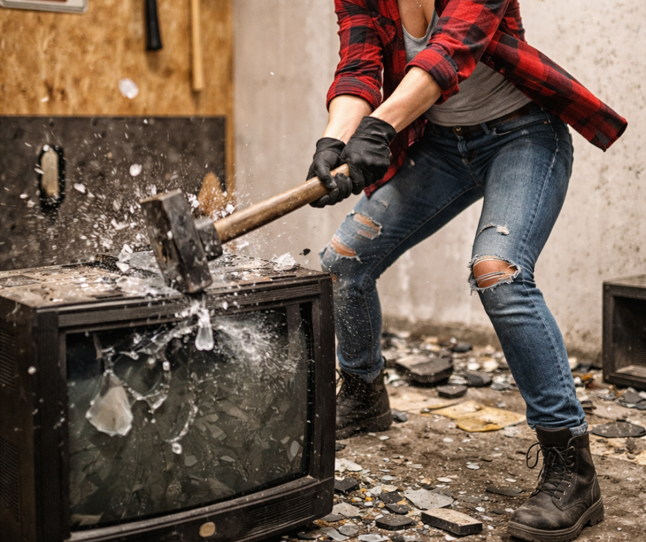 demolition photo of woman smashing tv with sledgehammer