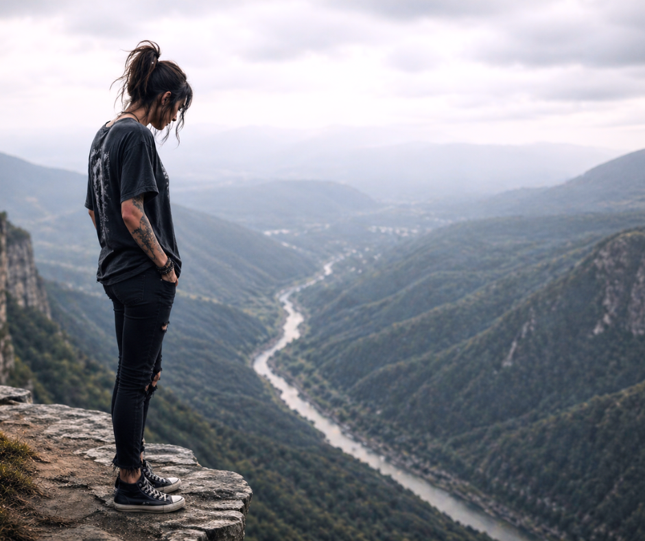 woman standing on edge of cliff looking down