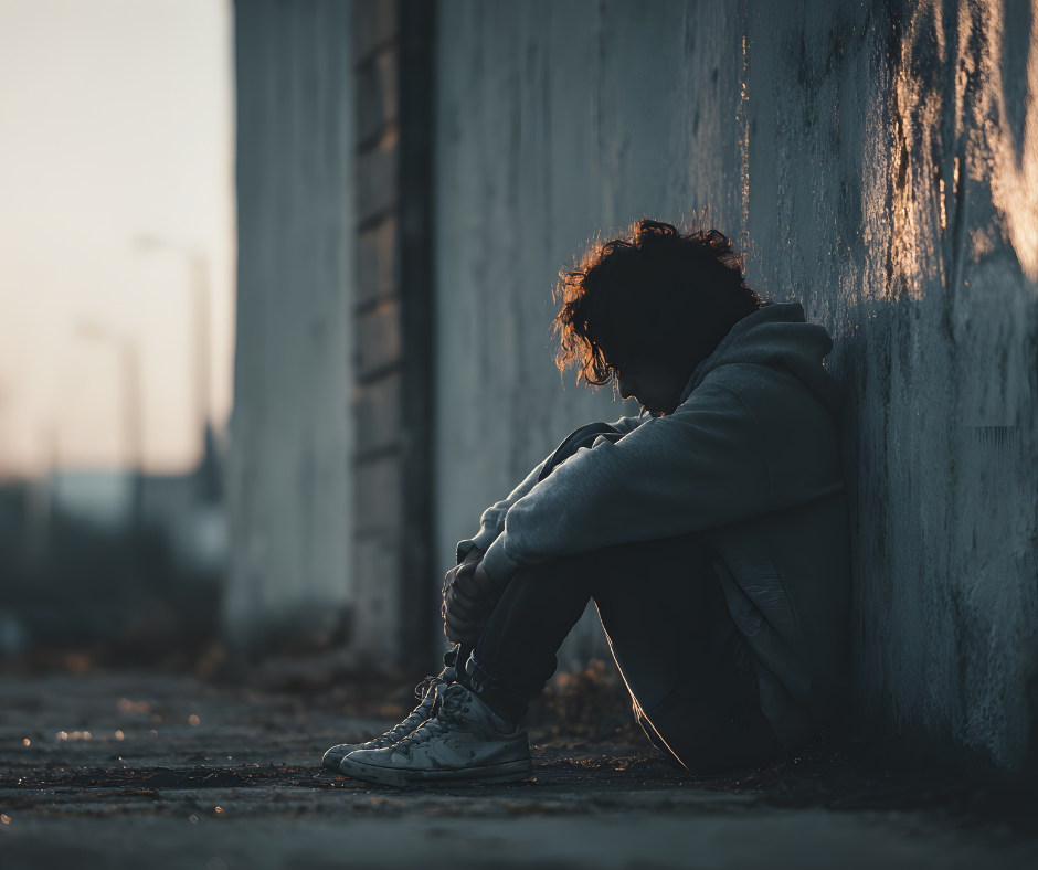 Young man sitting outside alone back against wall defeated