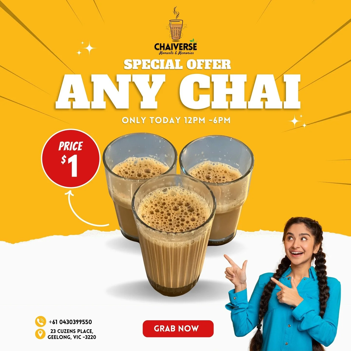 ✨ Chai Lovers, Today Only! ✨

Indulge in our $1 chai special from 12 PM to 6 PM! Experience the rich flavors of our artisanal chai blends that warm your soul and ignite your senses. ☕❤️
Grab your cup, savor the moment, and don&rsquo;t forget to leave