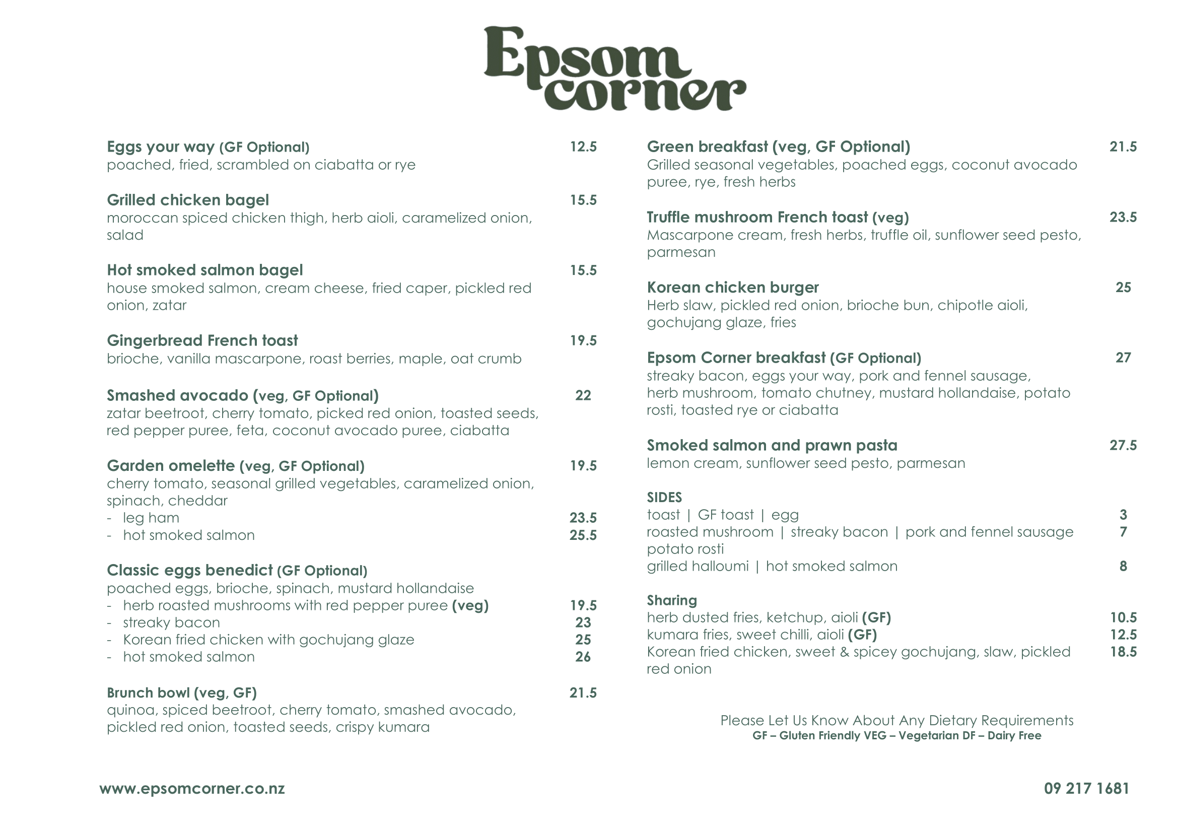 menu — Epsom Corner