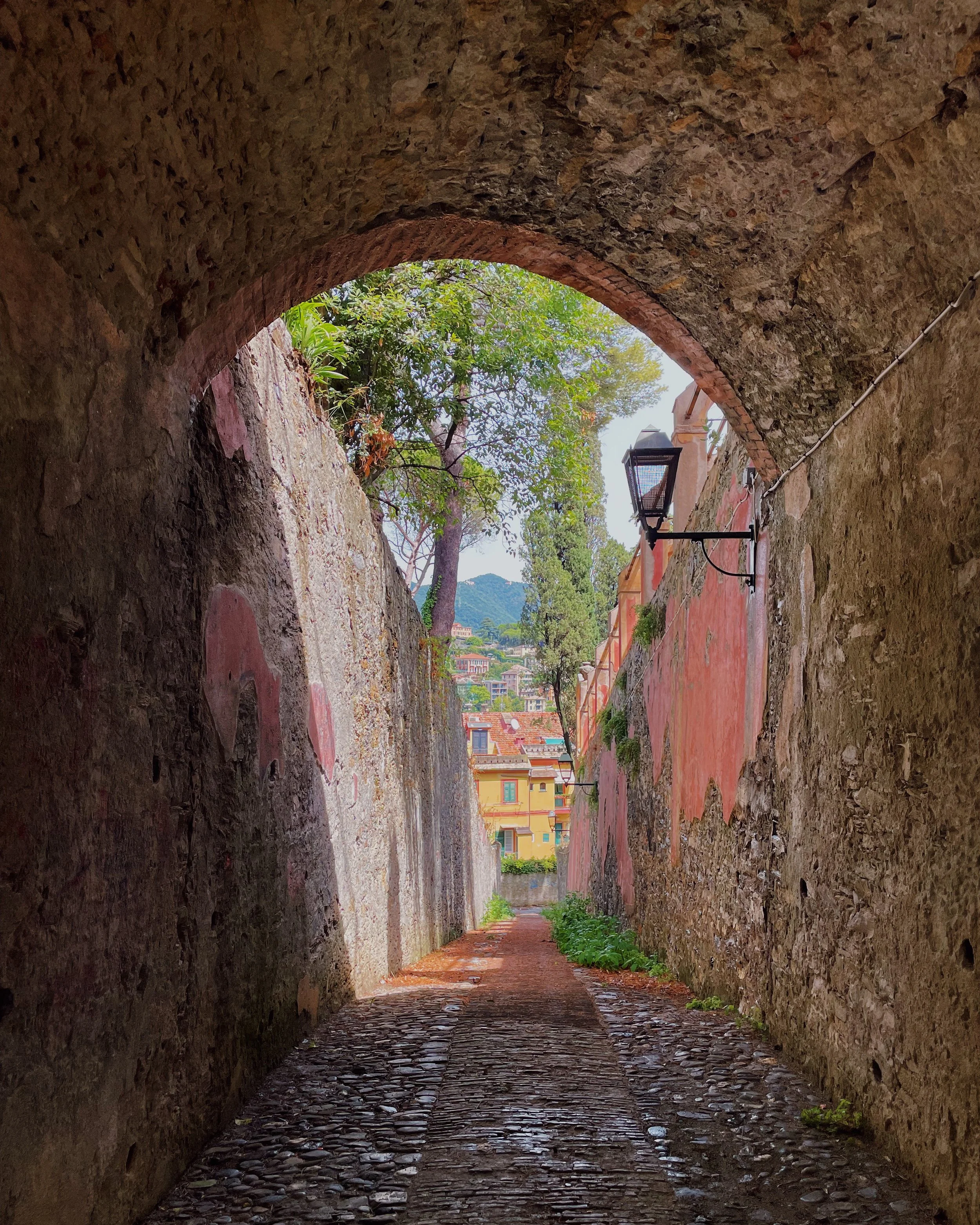 A narrow cobblestone alleyway viewed from under an arched stone bridge, with greenery and colorful buildings visible at the end.