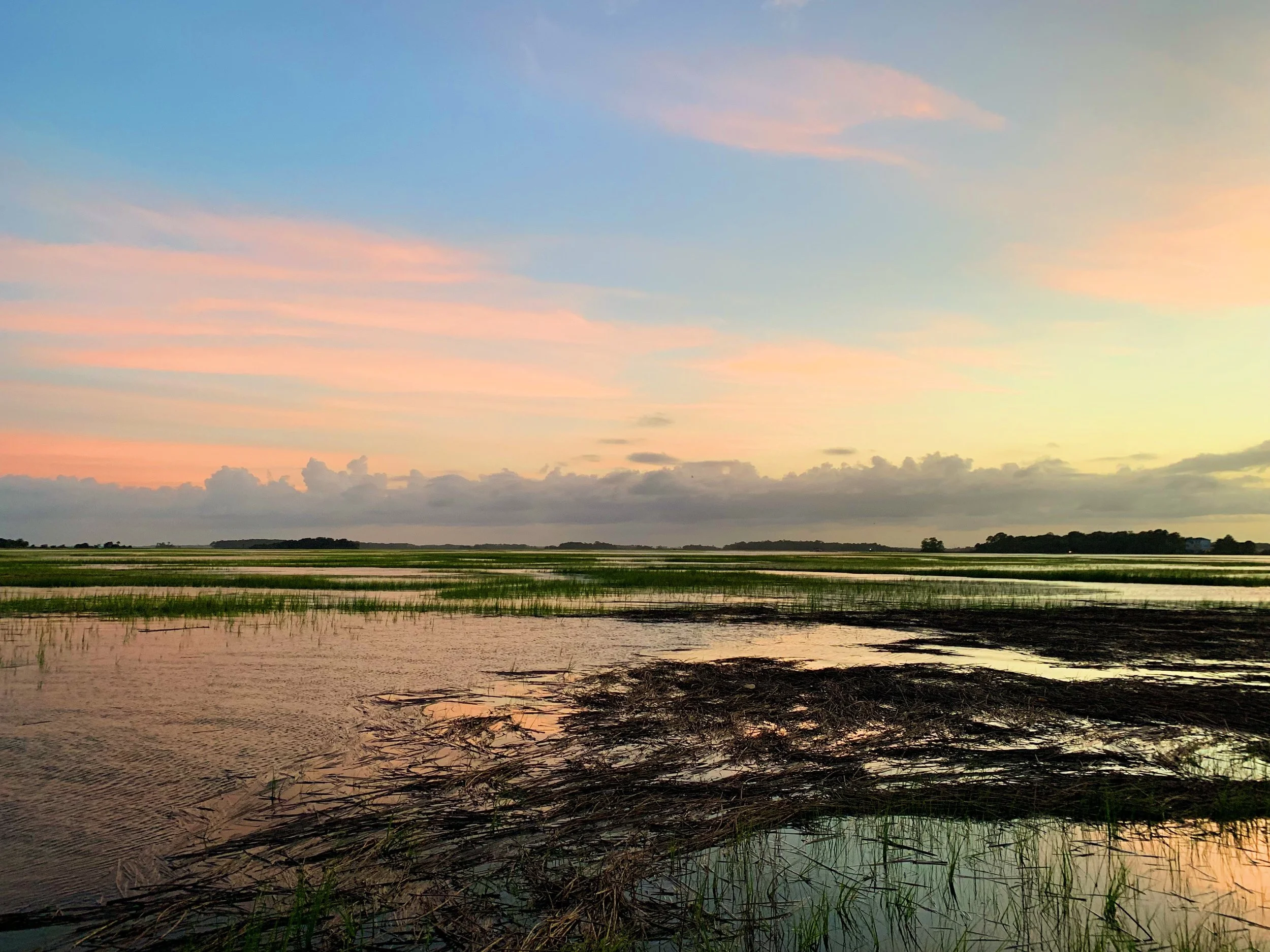 A flooded field at sunset with pink, orange, and blue sky and dark clouds on the horizon.