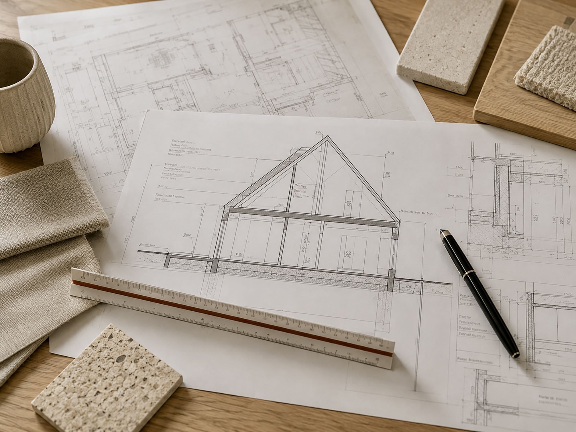 Architectuurplannen en bouwmaterialen op een houten tafel, inclusief diverse stalen buizen, monsterstukken en een pen.