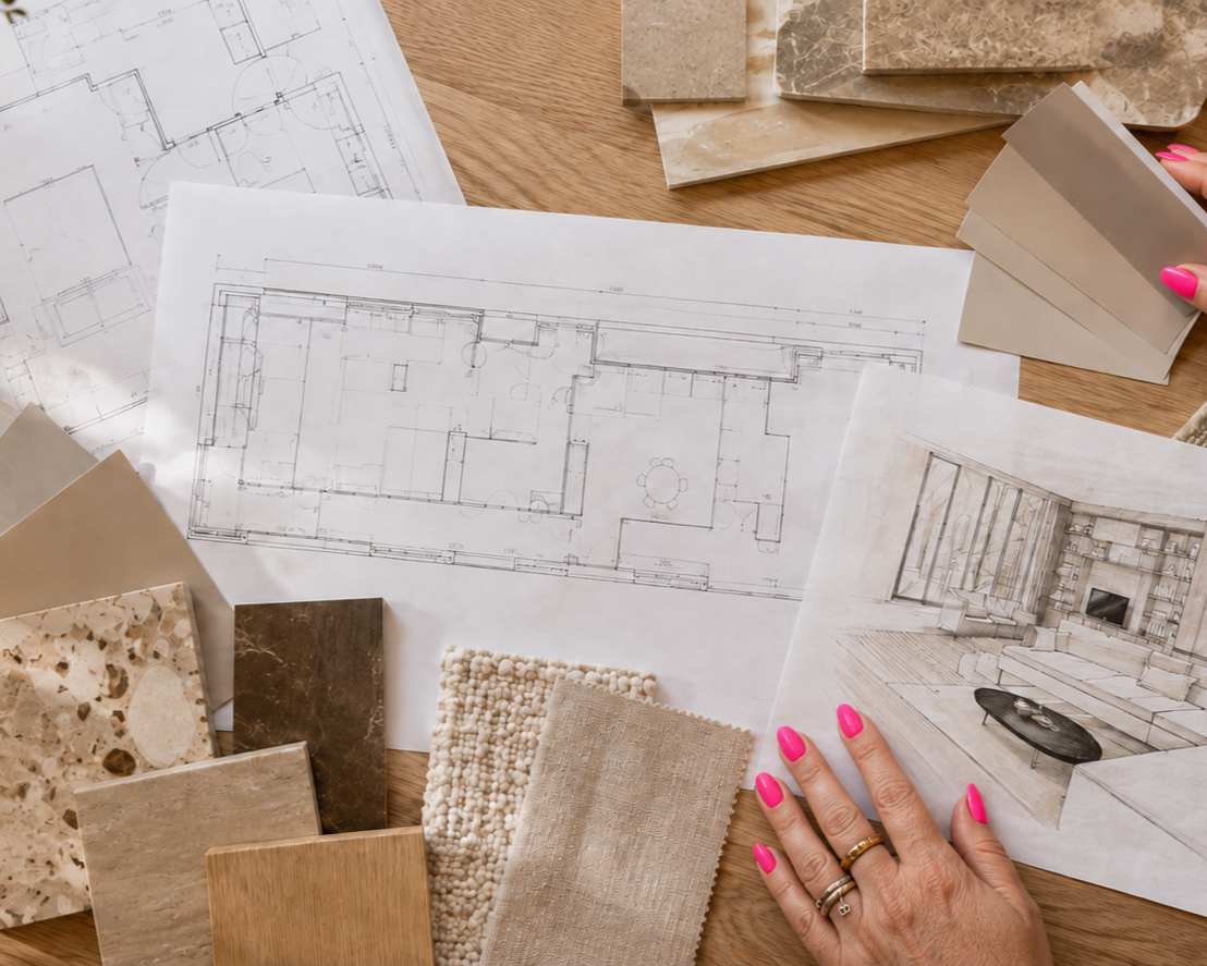 Ontwerptekeningen, steenkleuren en stoffen op een houten tafel, voor een interieurproject.