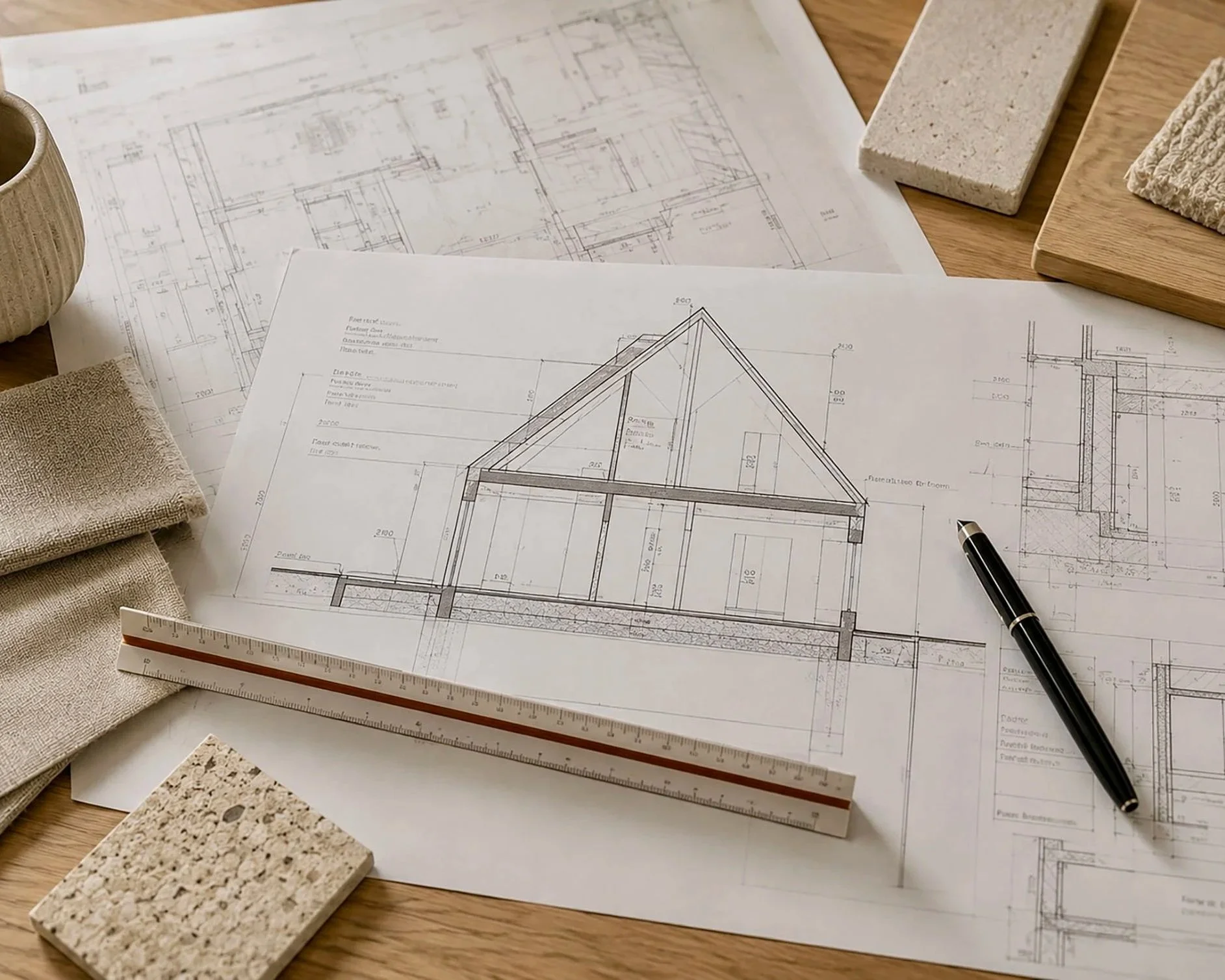 Ontwerptekeningen voor een huis, omringd door kleurstalen en een liniaal op een houten tafel.