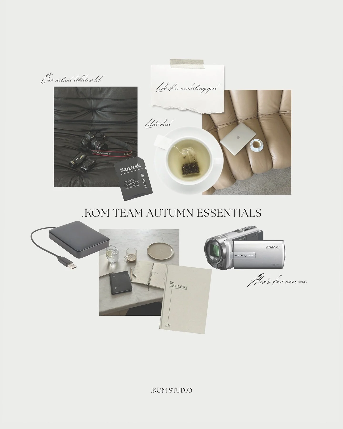Autumn at the studio means busier days, cosy routines, and all the little things that keep us in our flow from morning matcha to our everyday creative staples 🍂 these are our autumn essentials →
What’s in your essentials kit this season?