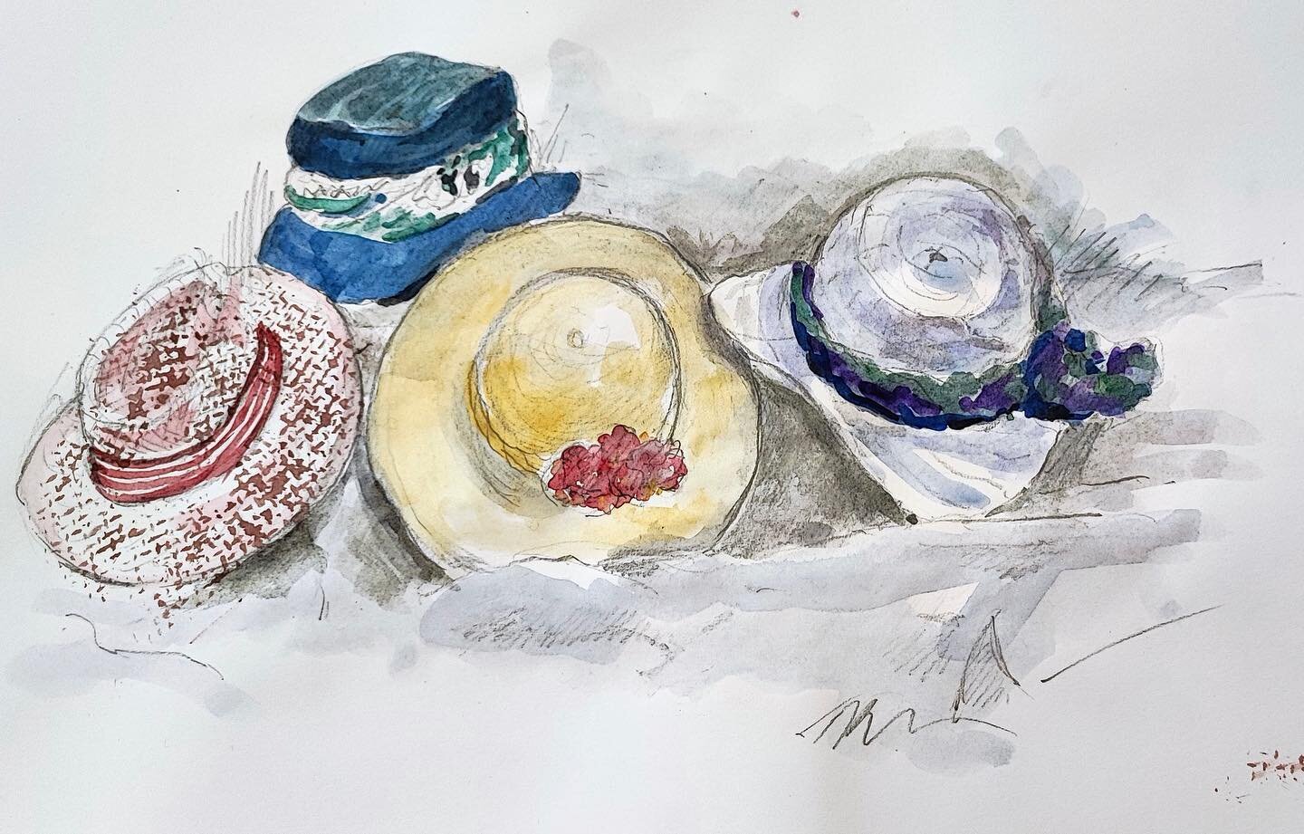 13th June. Summer Hats Event.
The group held a still-life/portrait drawing event. Members brought along a summer hat and the group drew both the hats and other members wearing them.  Some speedy watercolour work, some pastel and a delightful expressi